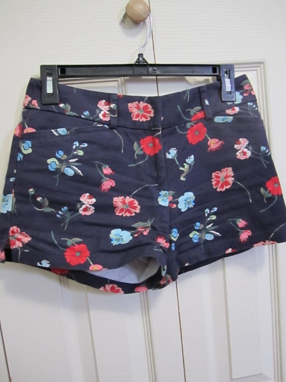 LOFT Navy Floral Cotton Blend Shorts with Red and Light Blue Flowers